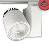 Spezielle Farbtemperatur für Fleischwaren mit dominanter Wellenlänge von 603nm CIE x=0,4907 y=0,3465, inkl. 3-Phasen EURO Adapter weiss, passiv gekühlt, inkl. variabler Einstellung des Abstrahlwinkels von 35° bis 50°, Maße Leuchtenkopf: 106x135mm
