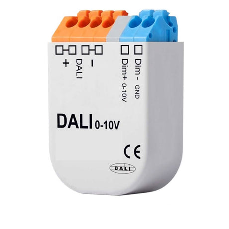 DALI Device Type 5 (IEC62386-206) kompatibel. Verfügt über eine DALI-Adresse und kann Gruppen und Szenen zugeordnet werden. Auswahl von 0-10V und 1-10V Ausgangsspannungsbereich (galvanisch getrennt) über DALI-Software. Das Interface wird direkt über den DALI-Bus versorgt (Stromaufnahme ca. 3mA)