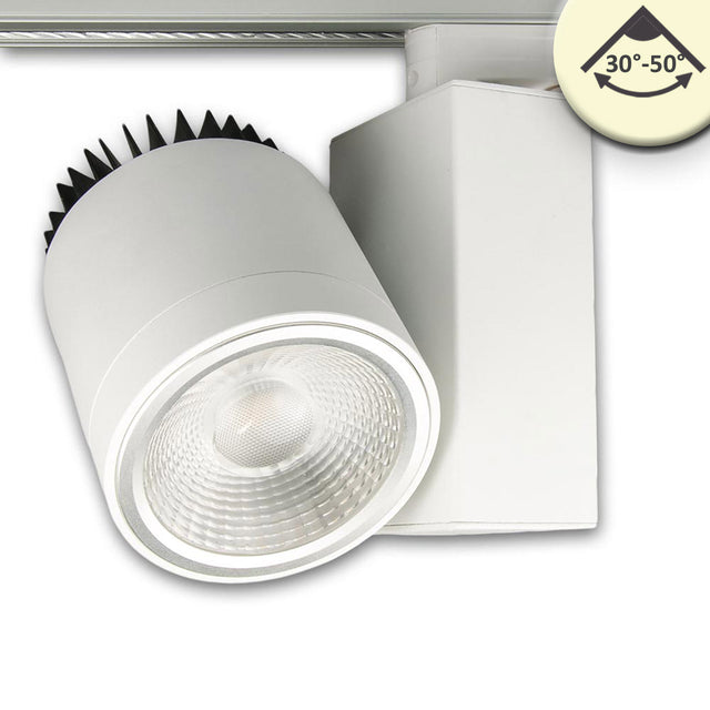 inkl. 3-Phasen EURO Adapter weiss, passiv gekühlt, inkl. variabler Einstellung des Abstrahlwinkels von 30° bis 50°, Maße Leuchtenkopf: 98x120mm,