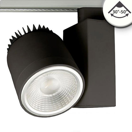 inkl. 3-Phasen EURO Adapter, passiv gekühlt, inkl. variabler Einstellung des Abstrahlwinkels von 30° bis 50°, Maße Leuchtenkopf: 106x135mm,