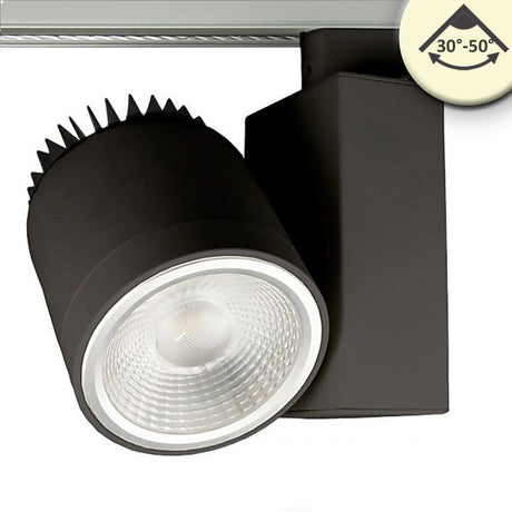 inkl. 3-Phasen EURO Adapter, passiv gekühlt, inkl. variabler Einstellung des Abstrahlwinkels von 30° bis 50°, Maße Leuchtenkopf: 106x135mm,