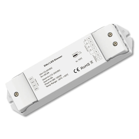 DALI Device Type 6 Controller mit vier getrennten DALI Adressen (pro Kanal eine Adresse), PWM Frequenz 500Hz. Installation und Anschluss ausschließlich Spannungsfrei durchführen!