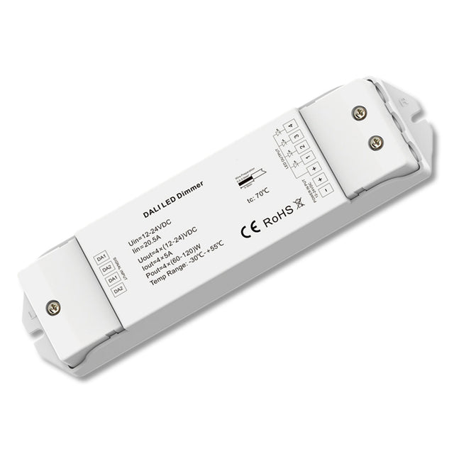 DALI Device Type 6 Controller mit vier getrennten DALI Adressen (pro Kanal eine Adresse), PWM Frequenz 500Hz. Installation und Anschluss ausschließlich Spannungsfrei durchführen!