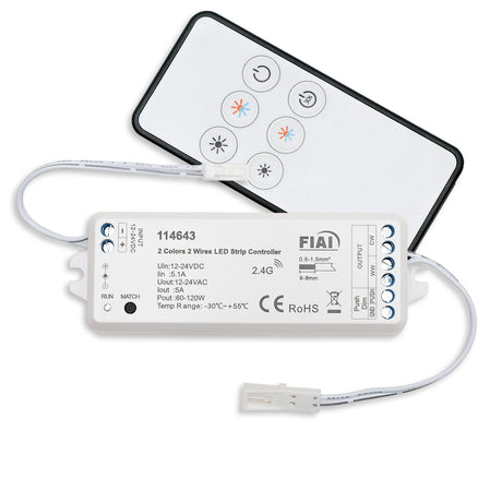 Beidseitig 10 cm Anschlusskabel (Aderquerschnitt 0,5mm²) mit MiniAMP male-Stecker, Spannungsausgang mit Kabel und MiniAMP female-Buchse. Achtung: Nur geeignet für weissdynamische (CCT) 2-Draht (2-polige) Flexbänder!