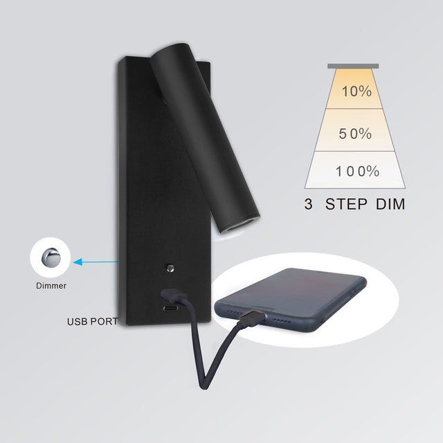 LED Leseleuchte 3W schwarz mit USB-A und USB-C Ladebuchse warmweiß 3 Stufen dimmbar - Beleuchtung
