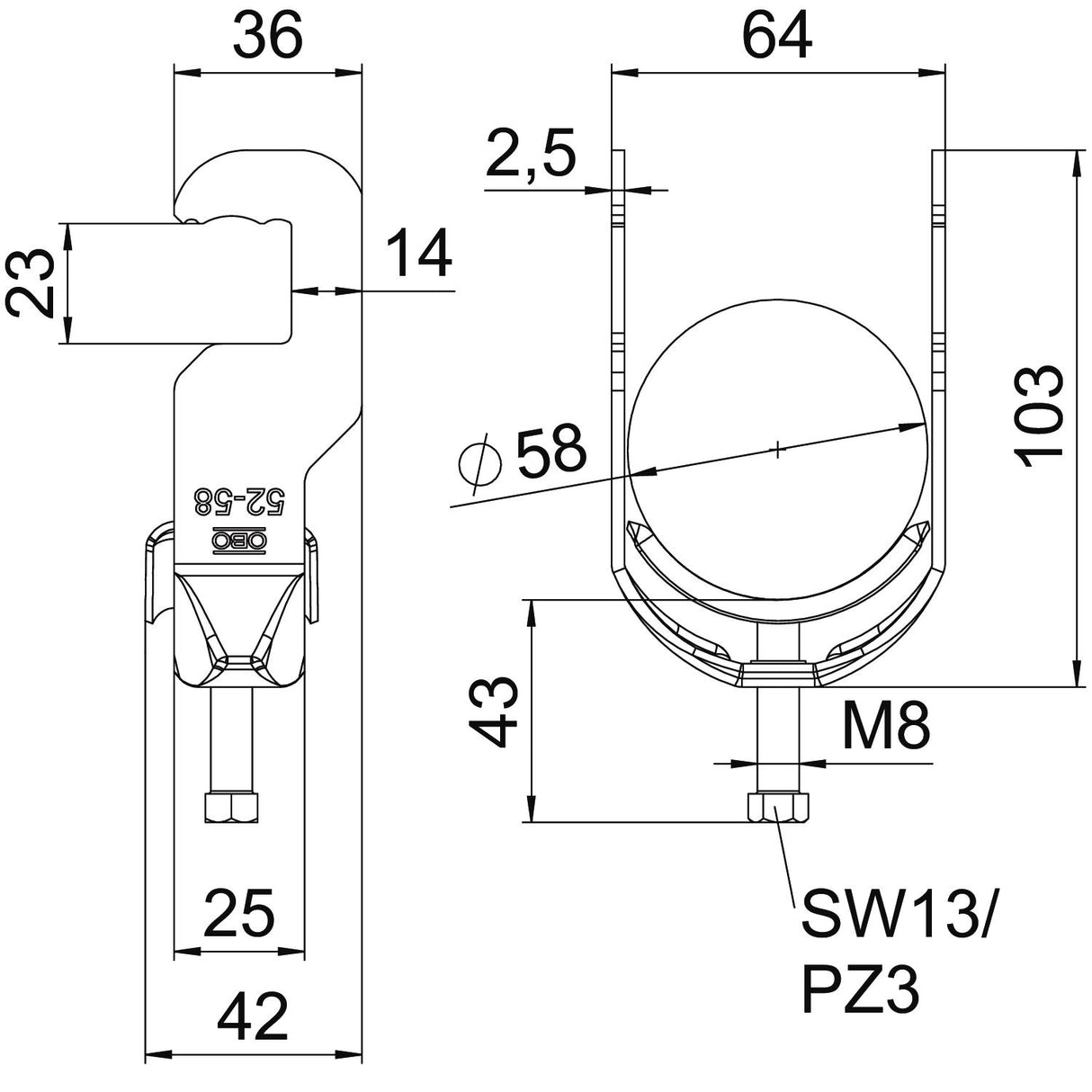 BETTERMANN Bügelschelle 52-58mm 1f ST BS-RS1-M-58 FT Rundprofil W=ST hfr