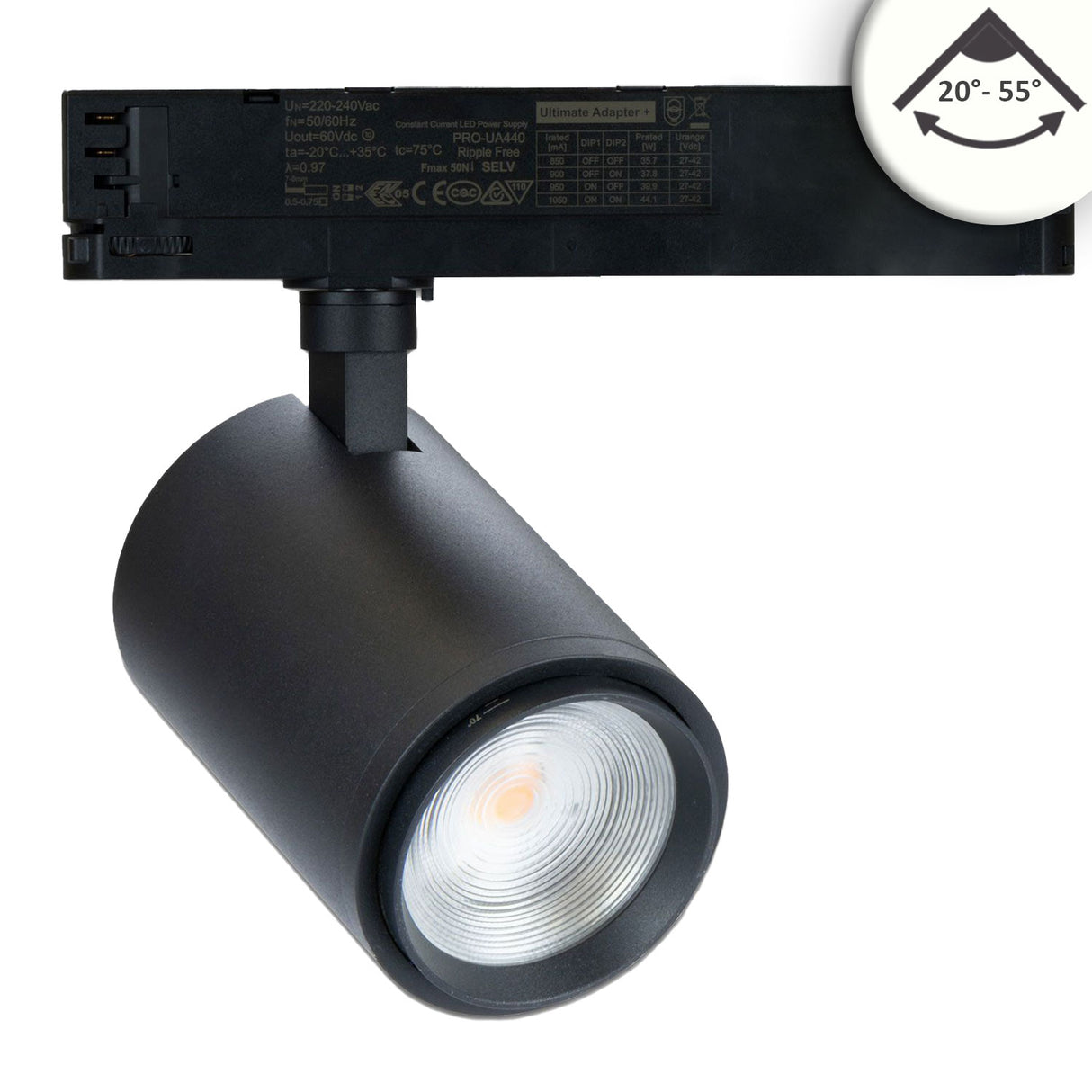 3-Phasen Schienen-Strahler fokussierbar 42W 20°-70° schwarz matt 4000K CRI92 dimmbar - Beleuchtung
