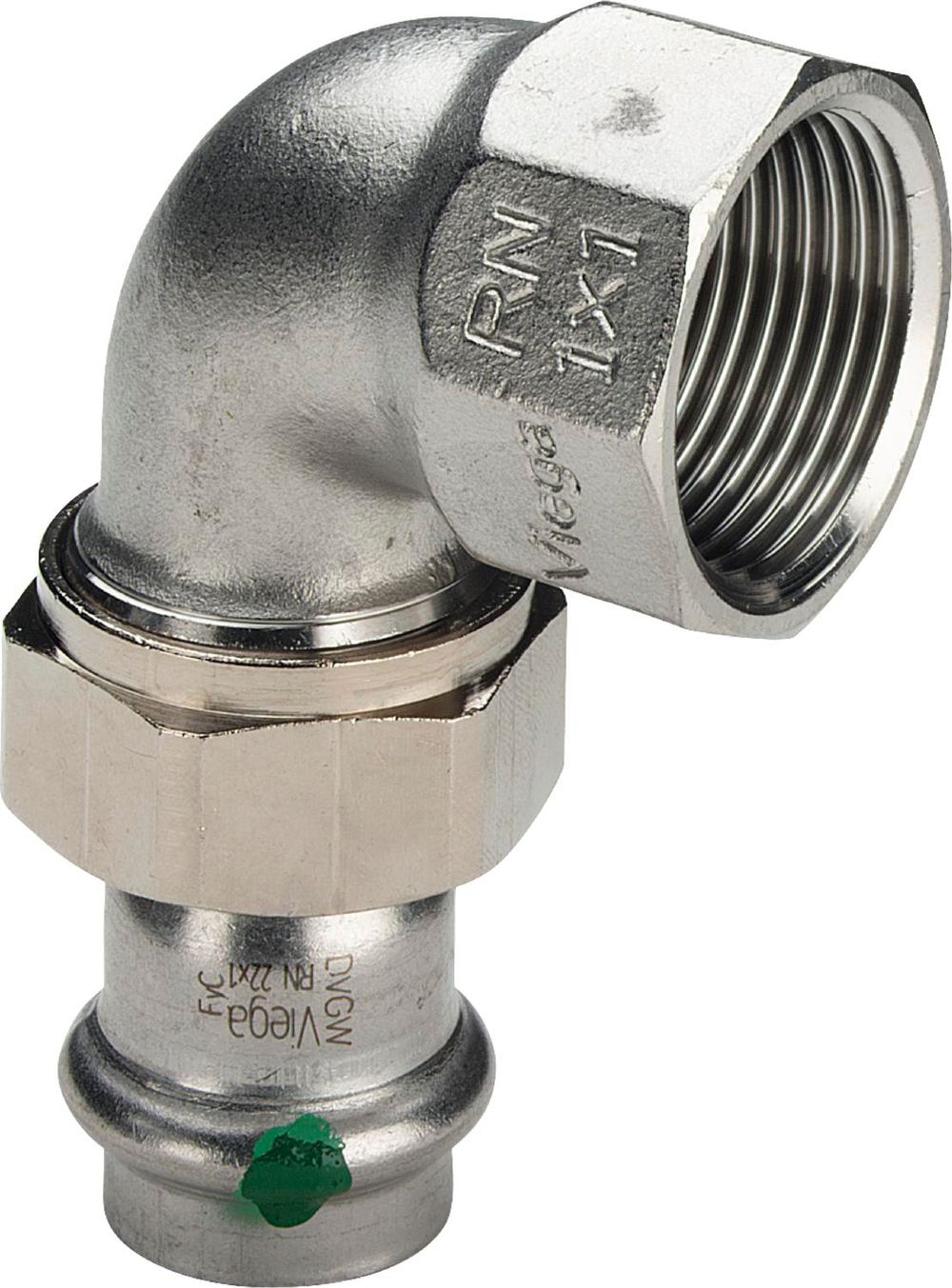 Viega Sanpress Inox-Übergangsverschraubung 90 Grad, d 54mm, Rp 2 Messing vernickelt, Stahl nichtrostend Modell 2355, 437374