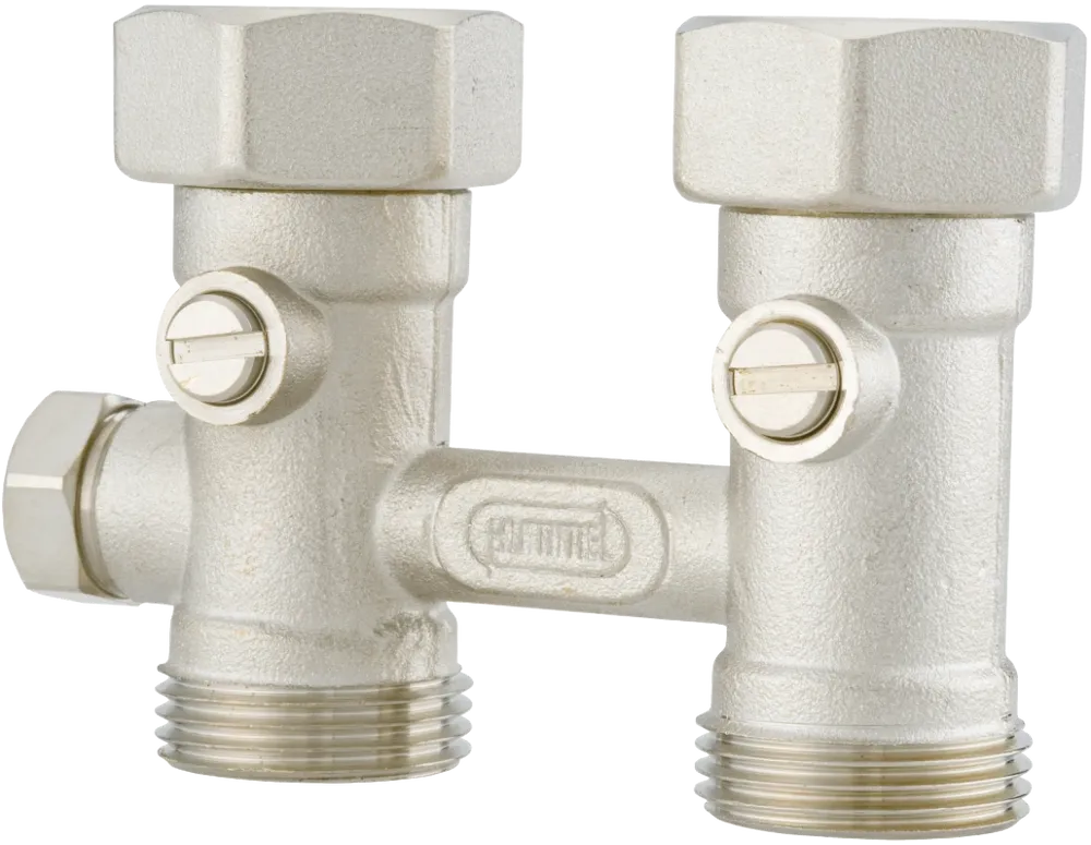 Hummel Einrohr-Hahnblock 3/4 Zoll IG Rohrabstand 50mm Durchgang mit Absperrung, Messing vernickelt 2248343601