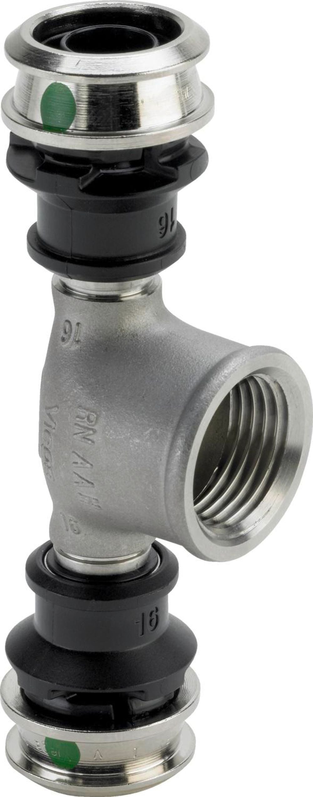 Viega Raxinox-T-Stück, d1 16, Rp 1/2, d2 16 Stahl nichtrostend Modell 4417, 724207