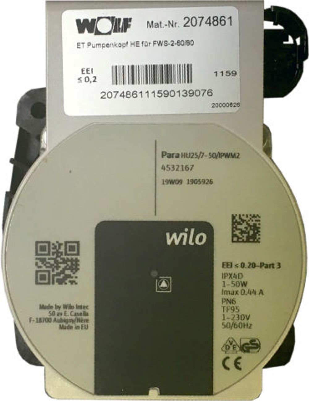 Wolf Pumpenkopf hocheffizient für FWS-2-60/80 Wilo PARA HU 25/7.0 PWM2, 2074861