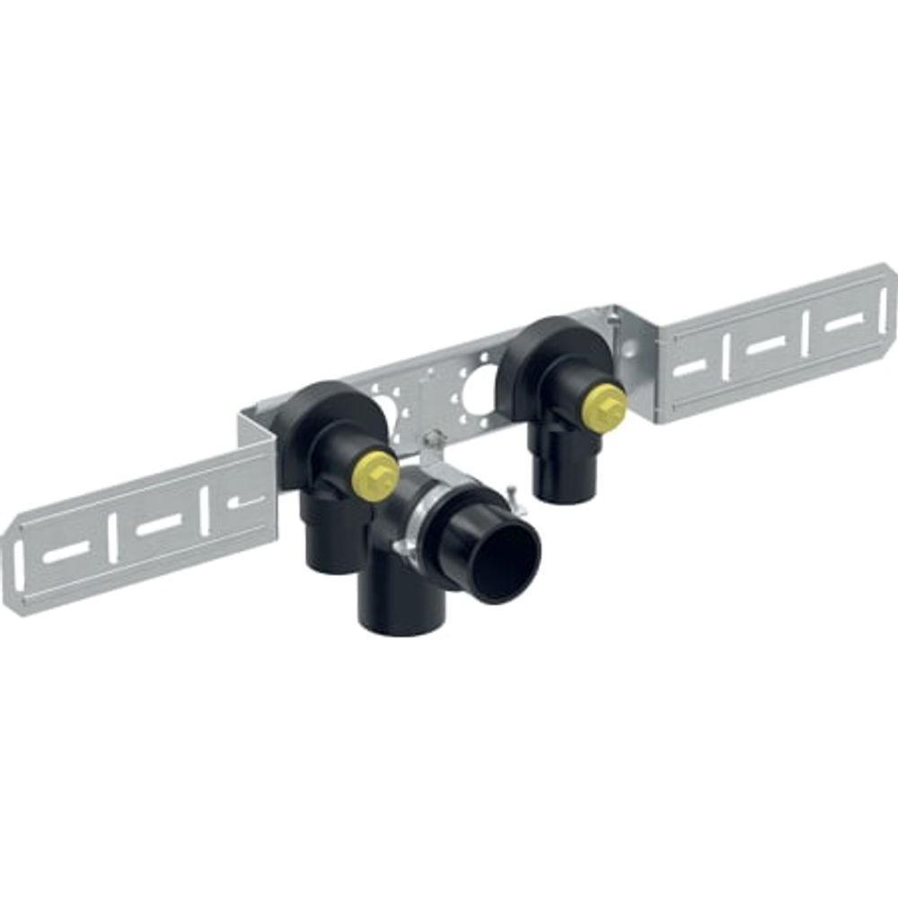 Geberit FlowFit Anschlusswinkel 90° vormontiert, zweifach, abgesetzt, mit Ablaufrohrschelle und Anschlussbogen,  DN 15, 619.681.00.1