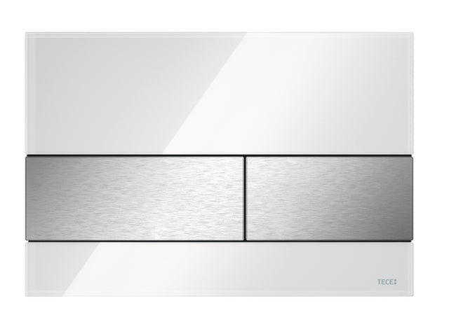 TECE TECEsquare WC-Betätigungsplatte Zweimengentechnik, Glas weiß glänzend, Tasten Edelstahl gebürstet (mit Anti-Fingerprint), 9240801