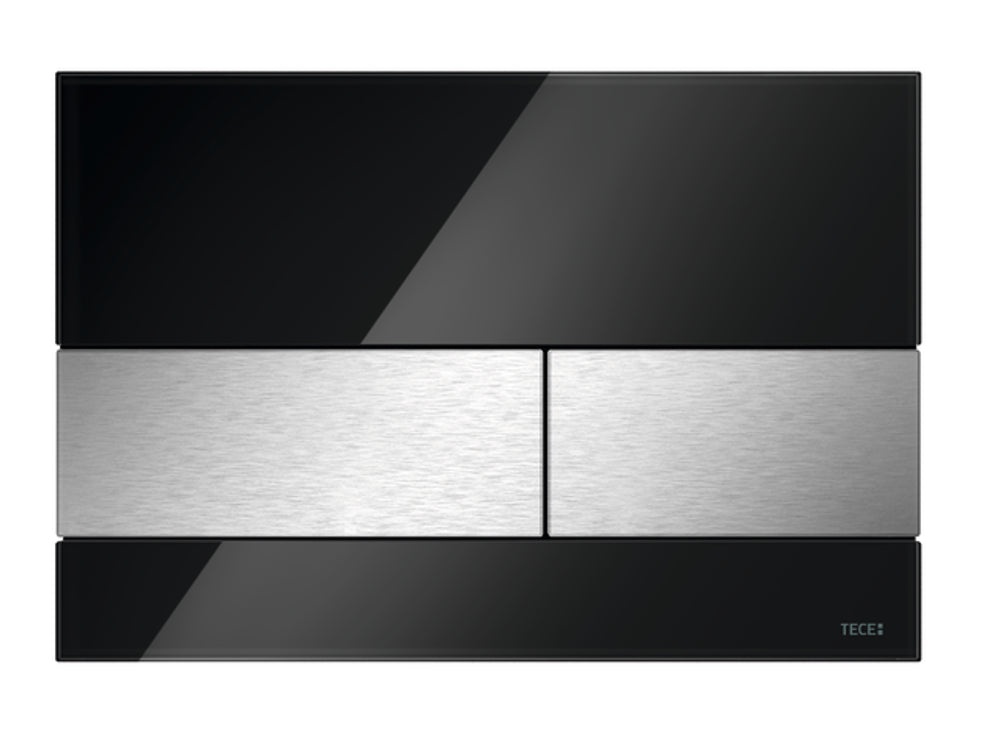 TECE TECEsquare WC-Betätigungsplatte Zweimengentechnik, Glas schwarz glänzend, Tasten Edelstahl gebürstet (mit Anti-Fingerprint), 9240806