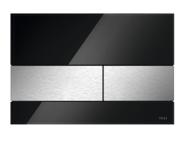 TECE TECEsquare WC-Betätigungsplatte Zweimengentechnik, Glas schwarz glänzend, Tasten Edelstahl gebürstet (mit Anti-Fingerprint), 9240806