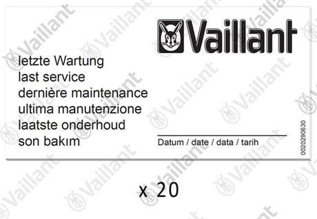 VAILLANT Wartungsaufkleber, (x20) VAS 106/4 (R1,2), 156/4 R1,2 u.w. Vaillant-Nr. , 0010027639