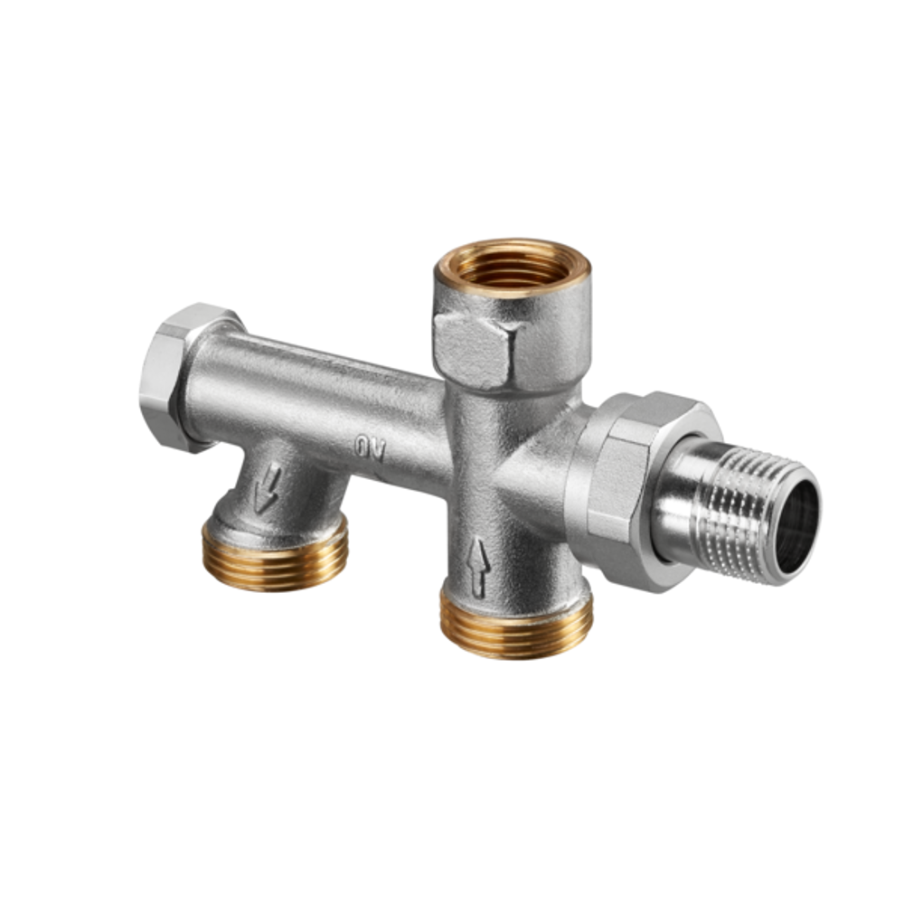 OVENTROP Uno Einrohr-Anschlussstück mit stufenlos einstellbarem Bypass und Absperrung DN 15, G 3/4 AG, Rohrabstand 50 mm, mit Messingverschraubung, 1013162