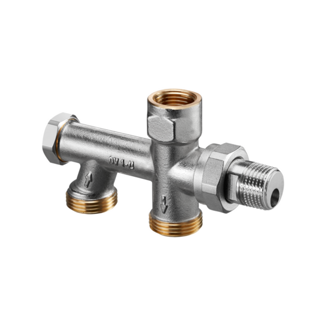OVENTROP Uno Einrohr-Anschlussstück mit stufenlos einstellbarem Bypass und Absperrung DN 15, G 3/4 AG, Rohrabstand 50 mm, mit Isolierverschraubung, für vertauschten Vor- und Rücklauf, 1013164