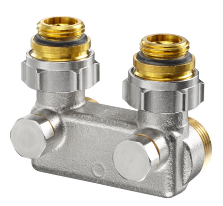 OVENTROP Umlenkstück Eck mit Absperrfunktion, G 1/2 AG x G 3/4 Eurokonus, Rohrabstand 50 mm, 1016463