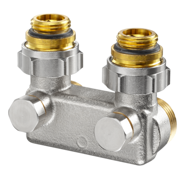 OVENTROP Umlenkstück Eck mit Absperrfunktion, G 1/2 AG x G 3/4 Eurokonus, Rohrabstand 50 mm, 1016463