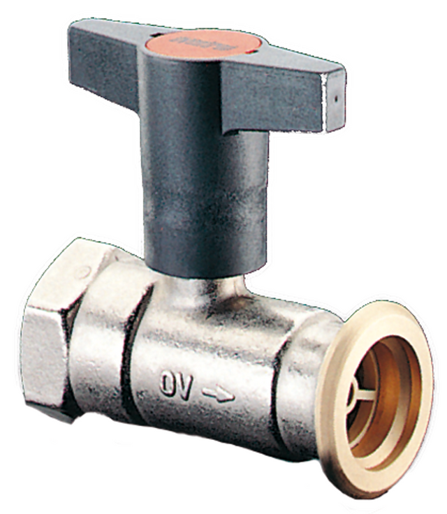 OVENTROP Pumpenkugelhahn Optibal P mit Innengewinde und Pumpenflansch PN 10, mit Sperrventil DN 25, Rp 1 x G 1 1/2, Messing, vernickelt, 1078171