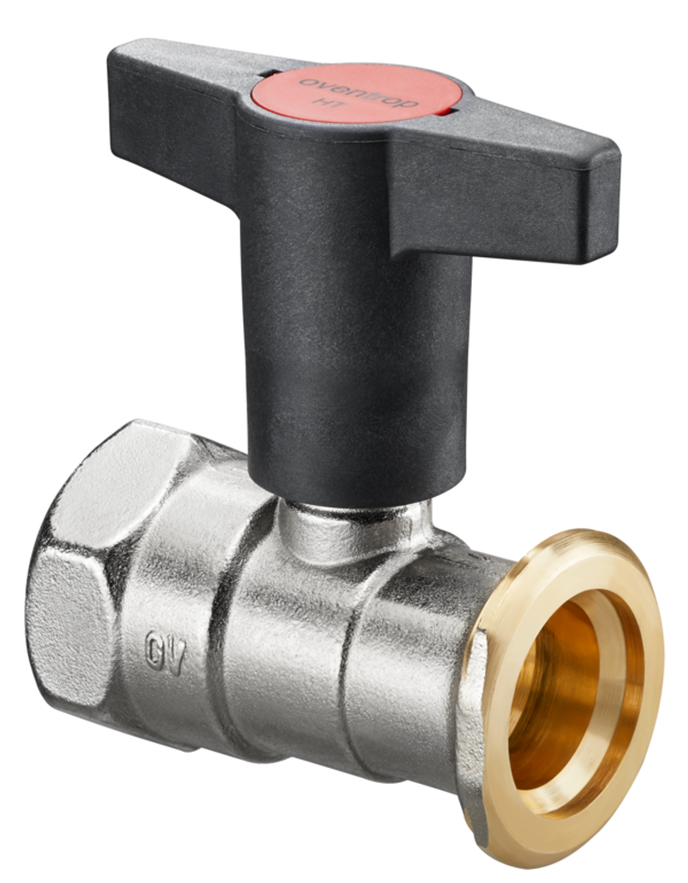 OVENTROP Pumpenkugelhahn Optibal P mit Innengewinde und Pumpenflansch PN 10, ohne Sperrventil DN 32, Rp 1 1/4 x G 2, Messing, vernickelt, 1078372