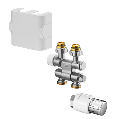 OVENTROP Set mit Multiblock TFU schwenkbar und Uni SH für Heizkörperanschluss G 1/2 IG, mit Hahnblock Multiblock TFU, Designabdeckung, Thermostat Uni SH und SH-Cap, weiß/Chrom, 1184135