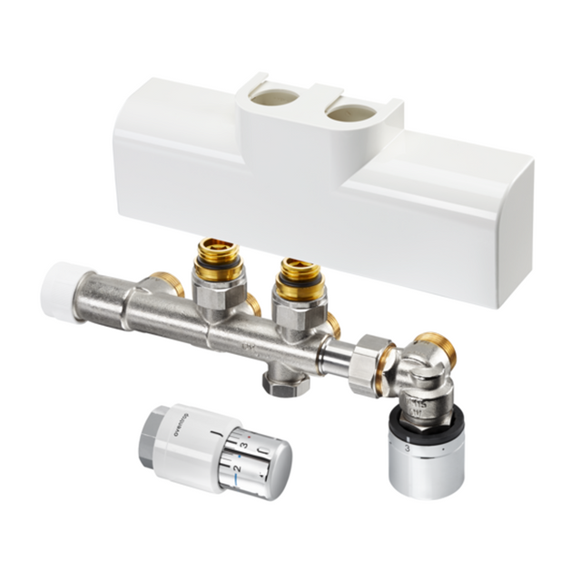 OVENTROP Set mit Multiblock T-RTL Eck und Uni SH für Heizkörperanschluss G 1/2 IG, mit Anschlussarmatur Multiblock T-RTL, Designabdeckung, Thermostat Uni SH und SH-Cap, weiß/Chrom, 1184188