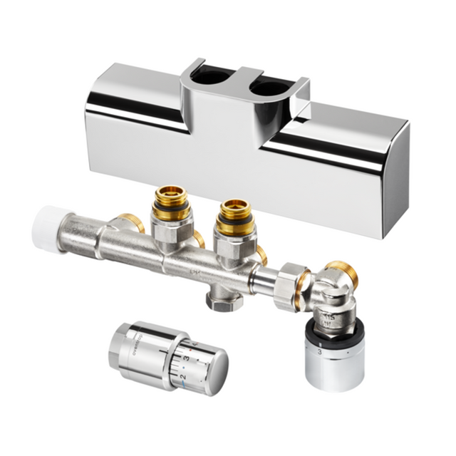 OVENTROP Set mit Multiblock T-RTL Eck und Uni SH für Heizkörperanschluss G 1/2 IG, mit Anschlussarmatur Multiblock T-RTL, Designabdeckung, Thermostat Uni SH und SH-Cap, Chrom, 1184288