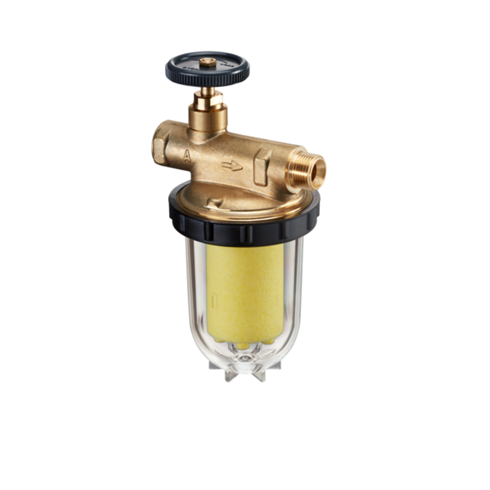 OVENTROP Heizölfilter Oilpur E A mit Absperrung für Einstrangsysteme DN 10, tankseitig G 3/8 IG, brennerseitig G 3/8 AG, Sinterkunststoff 50-75 mym, 2123561