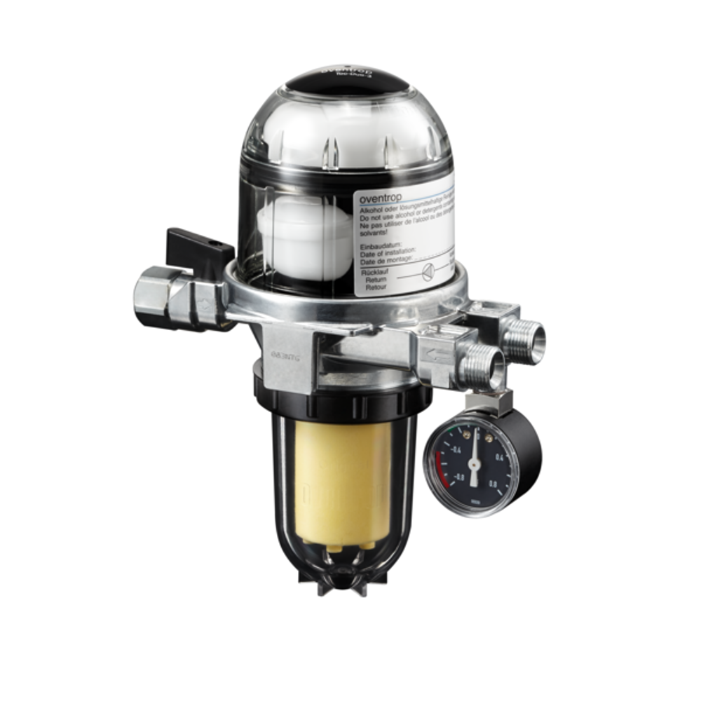 OVENTROP Kombination Heizölfilter und Heizölentlüfter Toc-Duo-3 DN 10, tankseitig G 3/8 IG, brennerseitig G 3/8 AG, mit Unterdruckmanometer und Filtereinsatz aus Sinterkunststoff 25-40 mym, 2142762