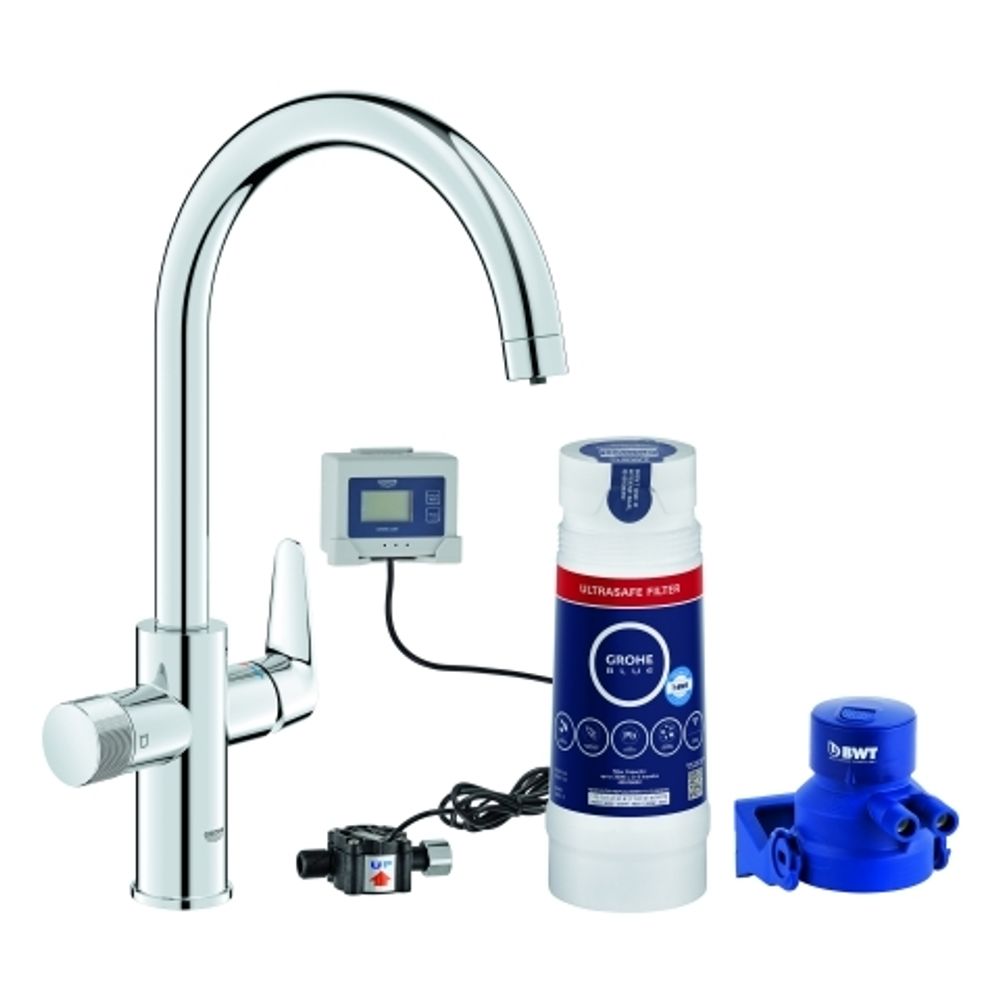 GROHE Starter Kit GROHE Blue Pure BauCurve 30582 C-Auslauf US-Filter chrom, 30582000