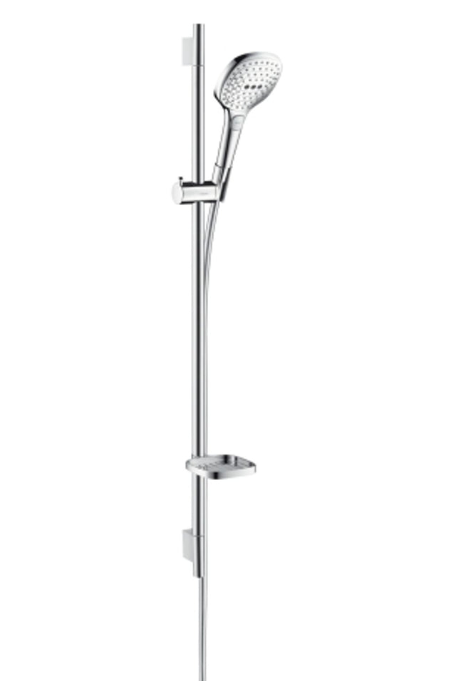 hansgrohe Raindance Select E Brauseset 120 3jet mit Brausestange 90 cm und Seifenschale Weiß/Chrom, 26621400