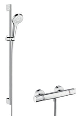 hansgrohe Croma Select S Brausesystem Aufputz Vario mit Ecostat Comfort Thermostat und Brausestange 90 cm Weiß/Chrom, 27014400