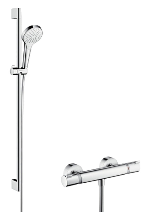 hansgrohe Croma Select S Brausesystem Aufputz Vario mit Ecostat Comfort Thermostat und Brausestange 90 cm Weiß/Chrom, 27014400