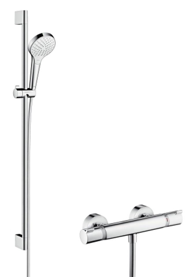 hansgrohe Croma Select S Brausesystem Aufputz Vario mit Ecostat Comfort Thermostat und Brausestange 90 cm Weiß/Chrom, 27014400