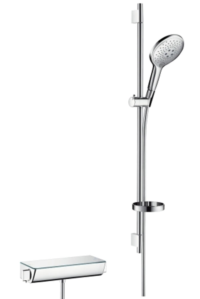 hansgrohe Raindance Select S Brausesystem Aufputz 150 3jet mit Ecostat Thermostat und Brausestange 90 cm Weiß/Chrom, 27037400