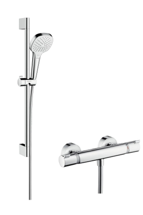 hansgrohe Croma Select E Brausesystem Aufputz Vario mit Ecostat Comfort Thermostat und Brausestange 65 cm Weiß/Chrom, 27081400
