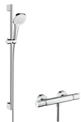 hansgrohe Croma Select E Brausesystem Aufputz Vario mit Ecostat Comfort Thermostat und Brausestange 90 cm Weiß/Chrom, 27082400