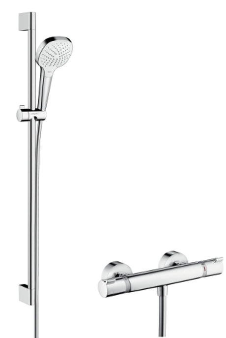 hansgrohe Croma Select E Brausesystem Aufputz Vario mit Ecostat Comfort Thermostat und Brausestange 90 cm Weiß/Chrom, 27082400