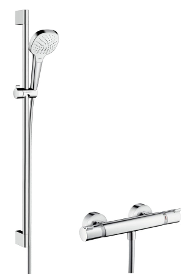 hansgrohe Croma Select E Brausesystem Aufputz Vario mit Ecostat Comfort Thermostat und Brausestange 90 cm Weiß/Chrom, 27082400