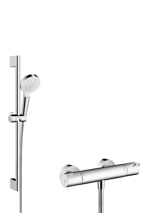 hansgrohe Crometta Brausesystem Aufputz Vario mit Ecostat 1001 CL Thermostat und Brausestange 65 cm Weiß/Chrom, 27812400