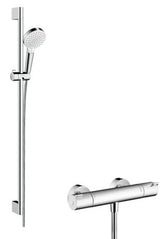 hansgrohe Crometta Brausesystem Aufputz Vario mit Ecostat 1001 CL Thermostat und Brausestange 90 cm Weiß/Chrom, 27813400