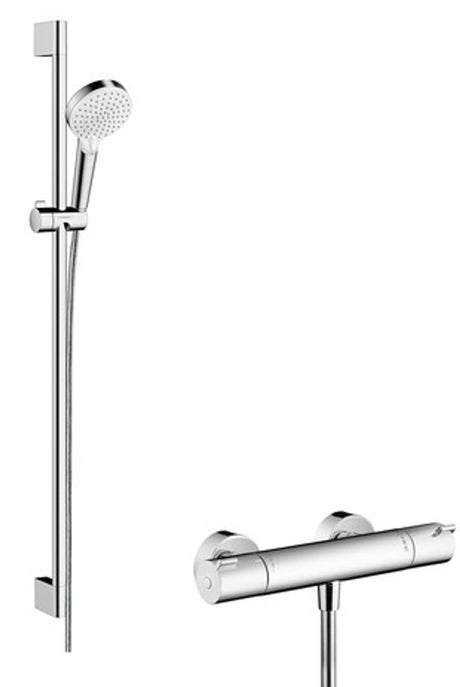 hansgrohe Crometta Brausesystem Aufputz Vario mit Ecostat 1001 CL Thermostat und Brausestange 90 cm Weiß/Chrom, 27813400