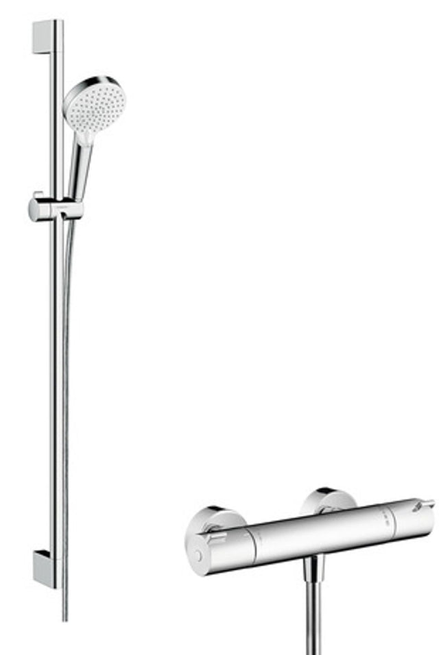 hansgrohe Crometta Brausesystem Aufputz Vario mit Ecostat 1001 CL Thermostat und Brausestange 90 cm Weiß/Chrom, 27813400