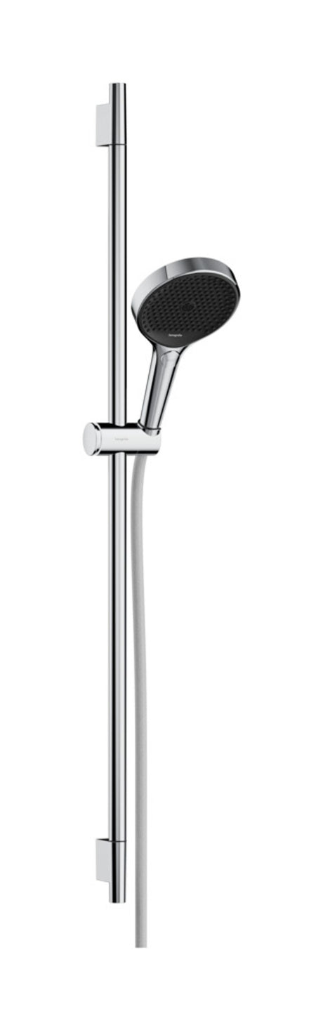 hansgrohe Rainfinity Brauseset 130 3jet mit Brausestange S Puro 90 cm, Push-Handbrausehalterung und Designflex Textilbrauseschlauch 160 cm Chrom, 28743000