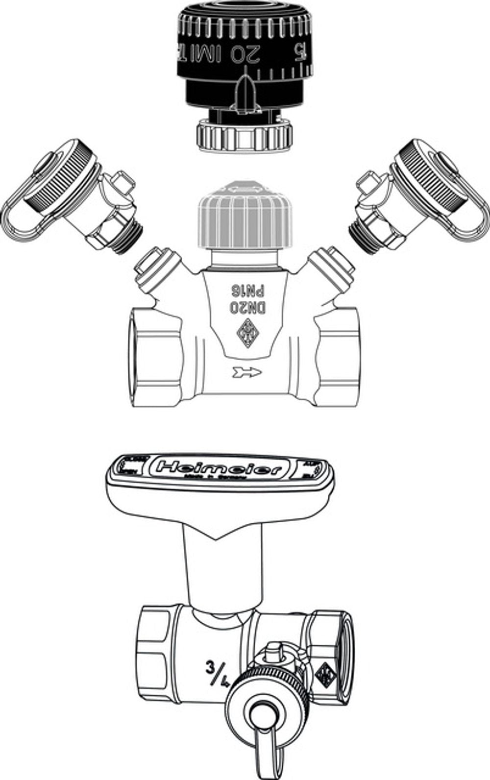 TA Strangventil TA-Multi Set 2, DN 20 Handrad, Entleerung, Globo H, Rotguss, 5850-03.800