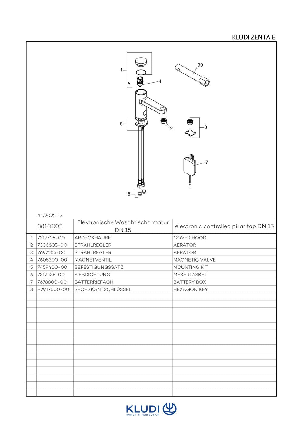 KLUDI ZENTA SL Elektr. Waschtischarmatur mit Batterie chrom, 3810005