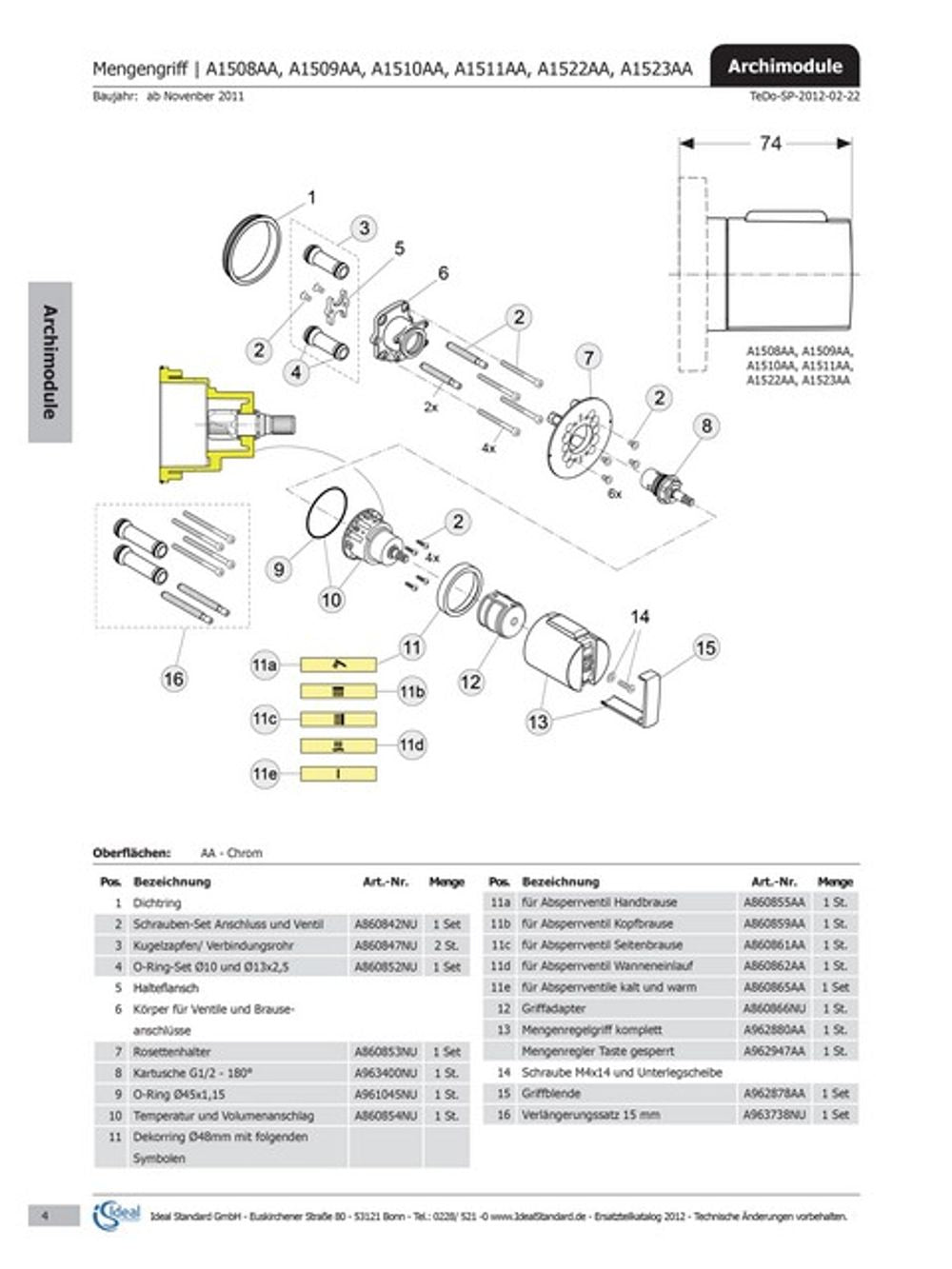 Ideal Standard Temperatur und Volumenanschlag, kpl. , A860854NU