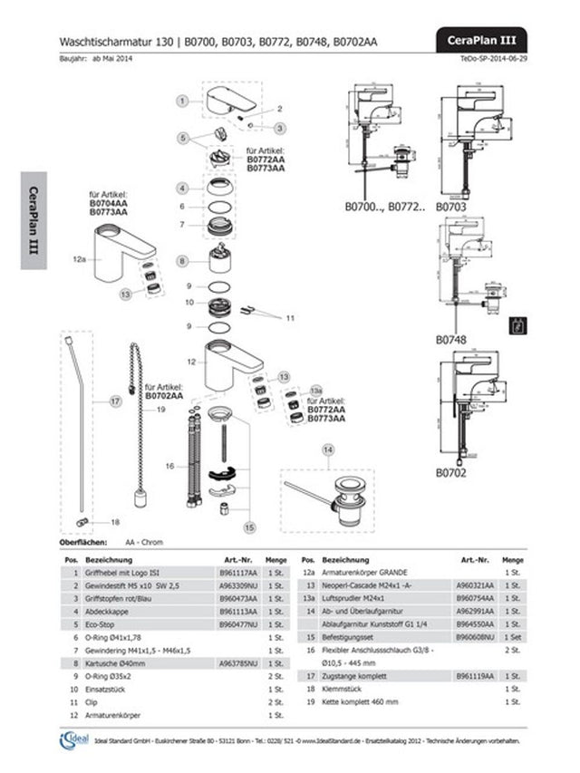 Ideal Standard Zugstange Ceraplan III, kpl., Chrom , B961119AA